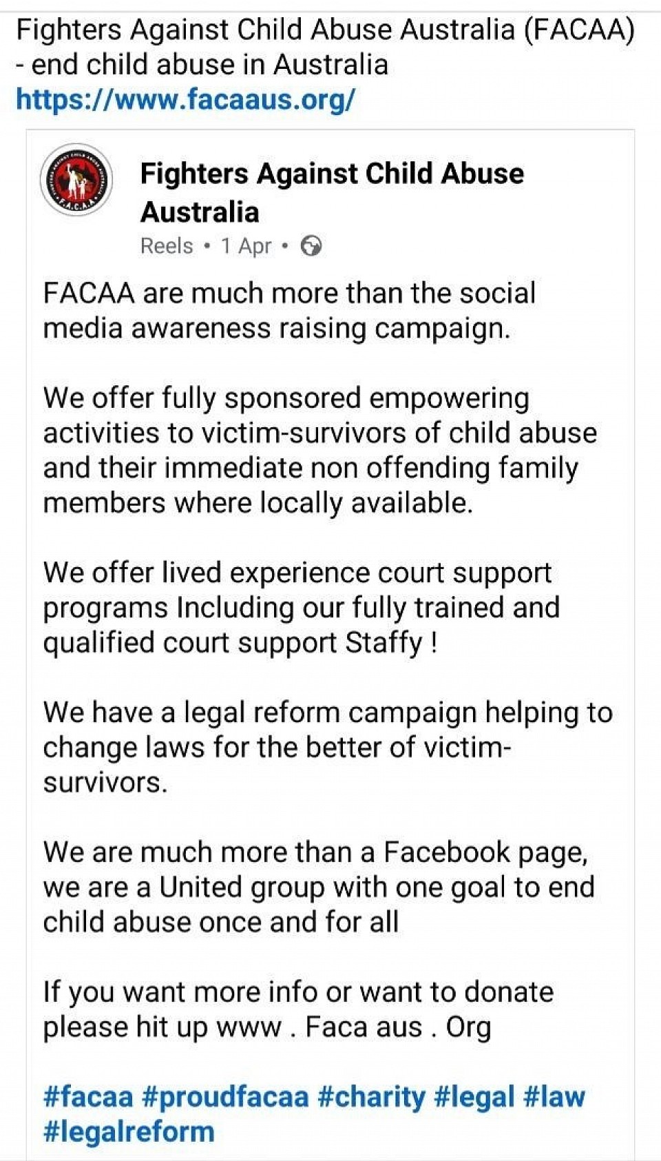 FACAA - Member of The United Global Alliance Against Child Abuse 2013